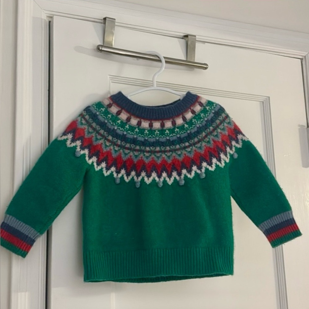 Boden Green Fair Isle Yoke Sweater with Red & Navy Accents